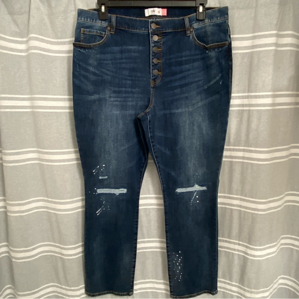 Nwt Cabi / Button Fly Straight Destressed Paint Splatter Jeans Size 18